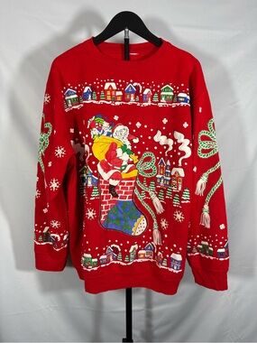 Holiday Time Vintage Christmas Santa Stocking Sweater Women’s Medium Red
